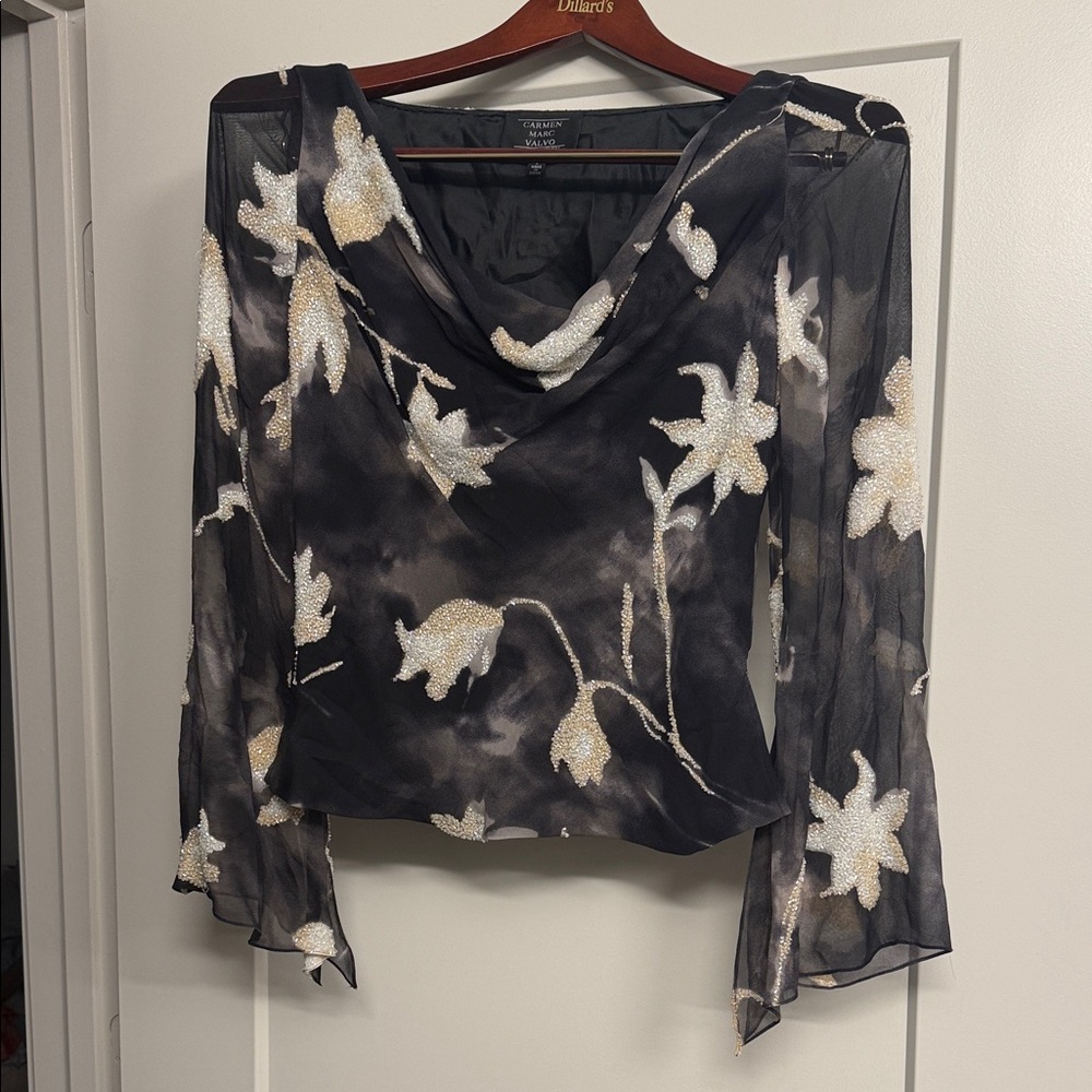 Carmen Marc Valvo Black and White Floral Blouse